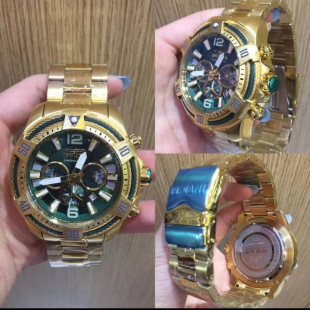 JAM TANGAN PRIA INVICTAA BOLT PREMIUM AAA+ ~GOLD PLAT HIJAU