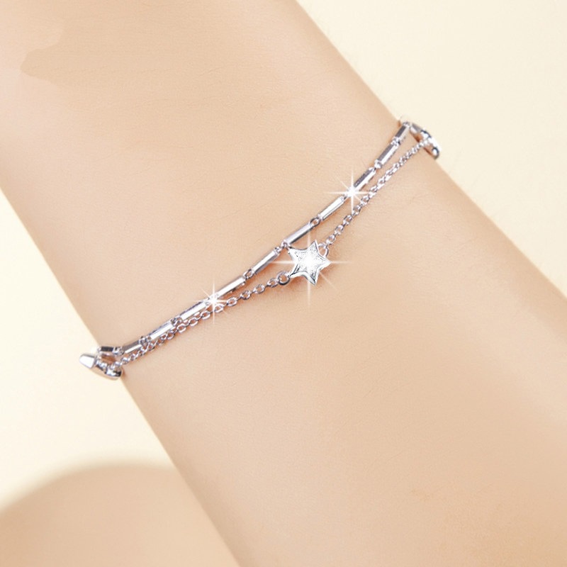 Gelang Desain Pentagram Bahan Stainless Steel Warna Silver Gaya Korea Untuk Wanita