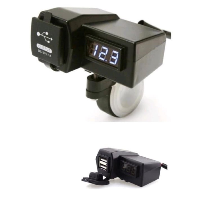 Volt Meter Digital + Dual Port Usb Charger Hp Jepit Stang Motor Vixion Megapro Tiger Ninja150 Nmax Pcx Aki 6V-24V