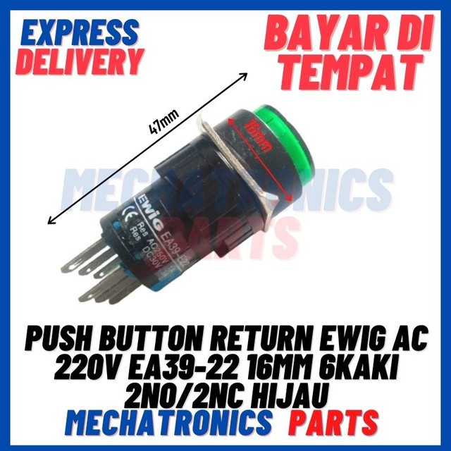 [SWI-9070] PUSH BUTTON RETURN EWIG AC 220V EA39-22 16MM 6KAKI 2NO/2NC HIJAU