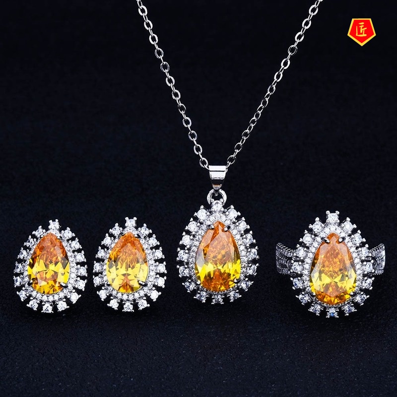 [Ready Stock]New Luxury Colored Gems Set Female Stud Earrings Necklace