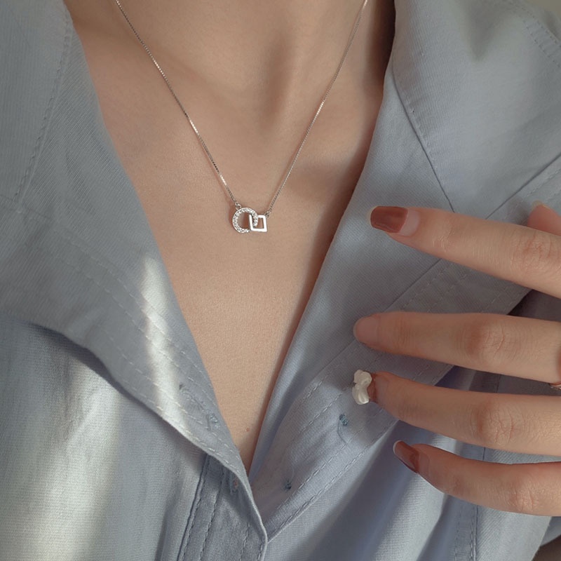 Kalung Rantai Klavikula Liontin Geometris Bahan S925 Silver Gaya Korea Untuk Wanita