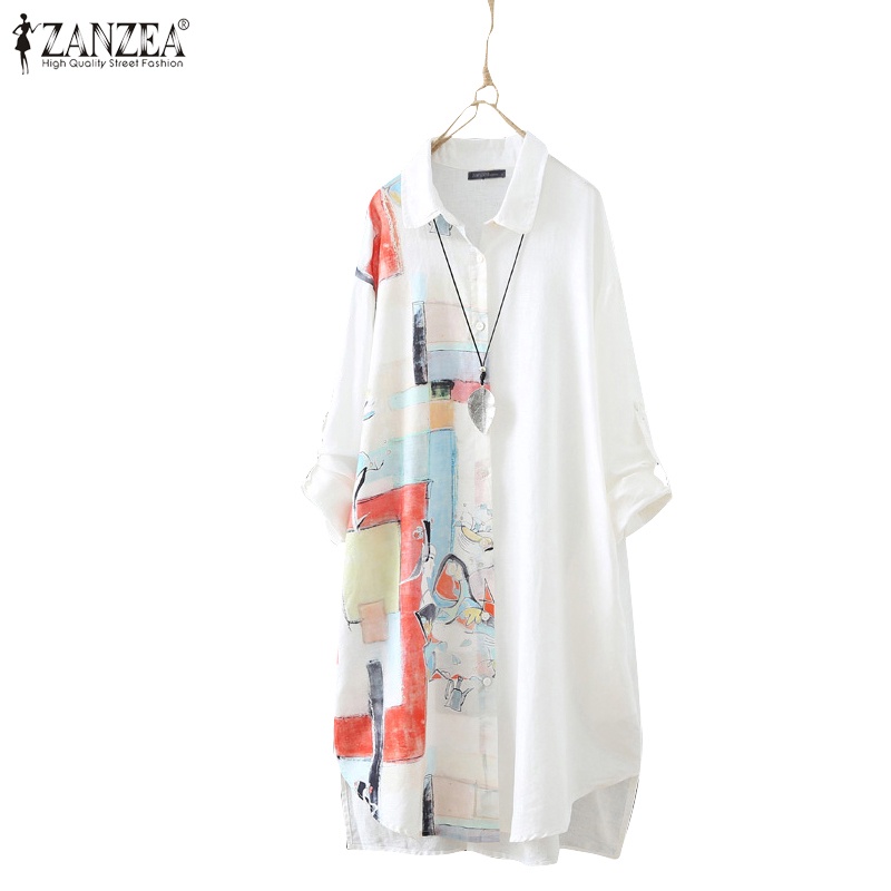 ZANZEA Women Casual Printed Long Sleeve Vintage Button Down Blouse