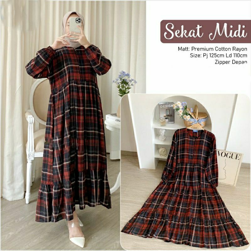 SEKAT MIDI RAYON MOTIF KOTAK KOTAK / MIDI DRESS RAYON / MIDI DRESS BUSUI /MIDI DRESS TERBARU / MAXY 
