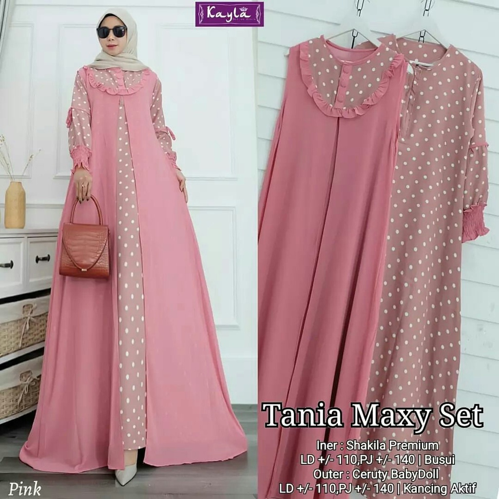 Maxi Dress Wanita Gamis set Outer Panjang Motif Polka