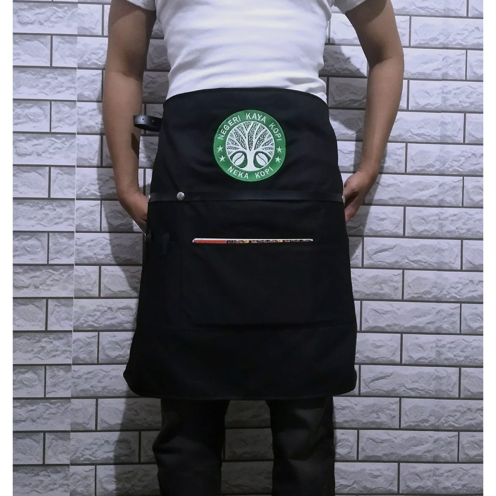 half apron waiteress/waiter celemek cafe full cotton &amp; syntheticl eather for server plus bordir