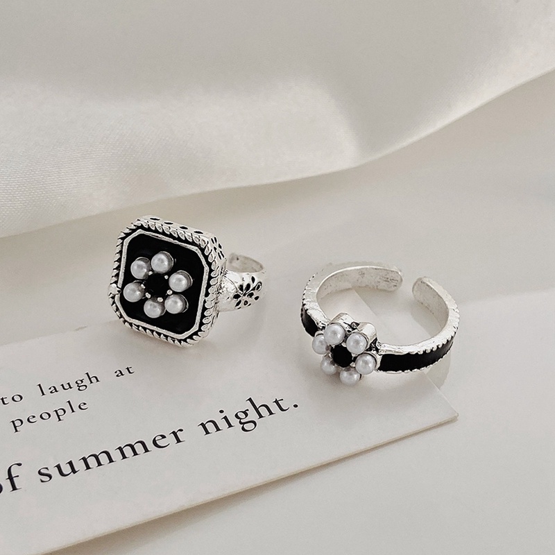 2pcs / Set Cincin Model Terbuka Adjustable Desain Bunga Hias Mutiara Gaya Retro Untuk Wanita