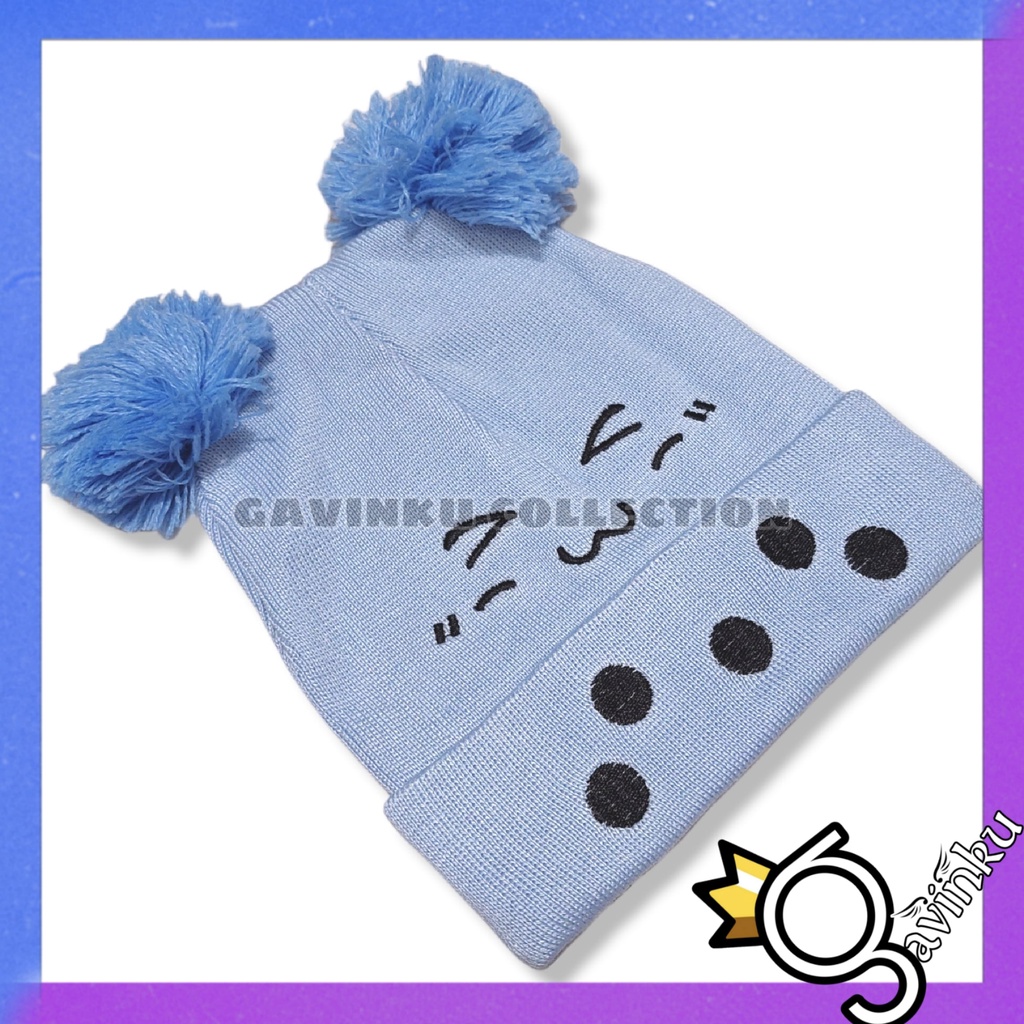 Topi Kupluk Anak Bayi Polos Model Pompom Bordir Smile lucu Laki Laki Perempuan Usia 0 1 2 3 4 5 6 7 8 9 10 11 12 bulan umur 1 2 3 Tahun thn-biru
