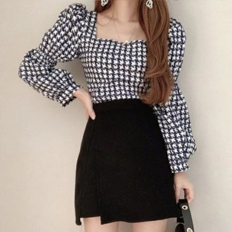 MDLV ~ 2657# Royal Smocked Top Atasan Blouse Houndstooth Fashion Import