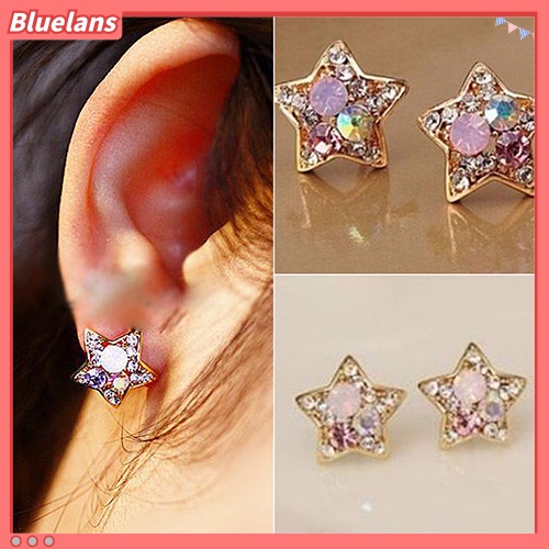 Bluelans Anting Stud Bentuk Bintang Aksen Berlian Imitasi Gaya Elegan Untuk Wanita