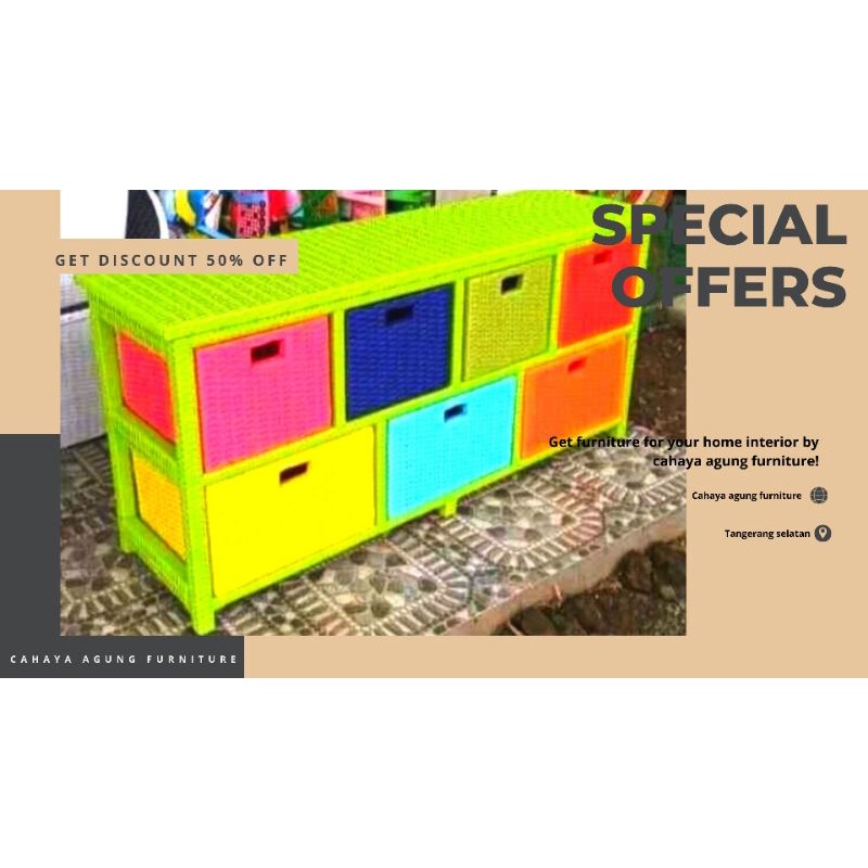 bufet anyaman rotan sintetis 7 laci