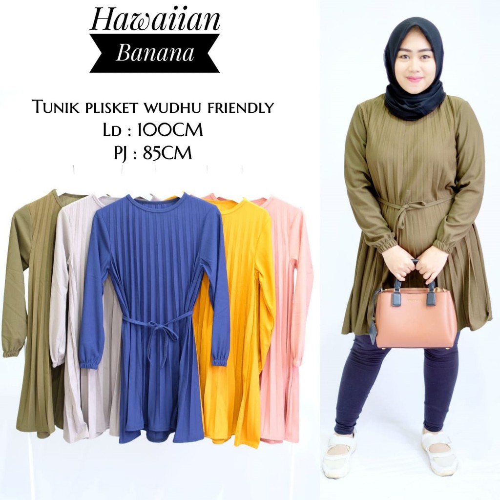 Hawaiian Banana Tunik Plisket Wudhu Friendly LD 100 CM PJ 85 CM All Size