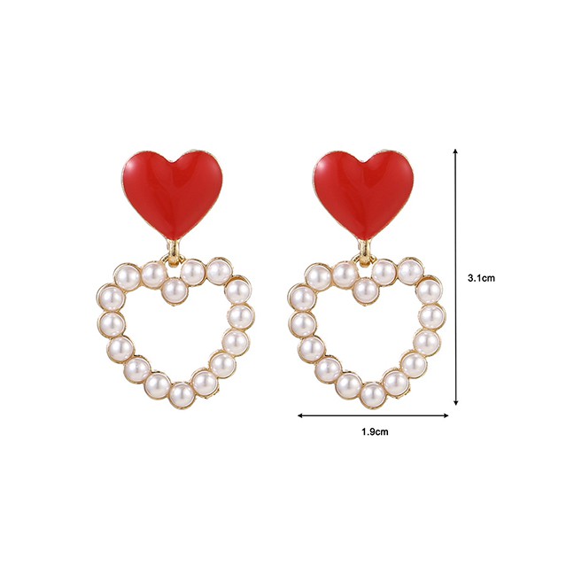 LRC Anting Tusuk Fashion Red Double Love Dropping Hollow Alloy Imitation Pearl Earrings K34440