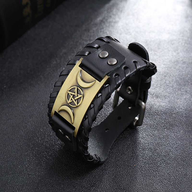 Nordic Viking Rune Star Moon Pria Gelang Kulit Punk Aksesoris 21CM