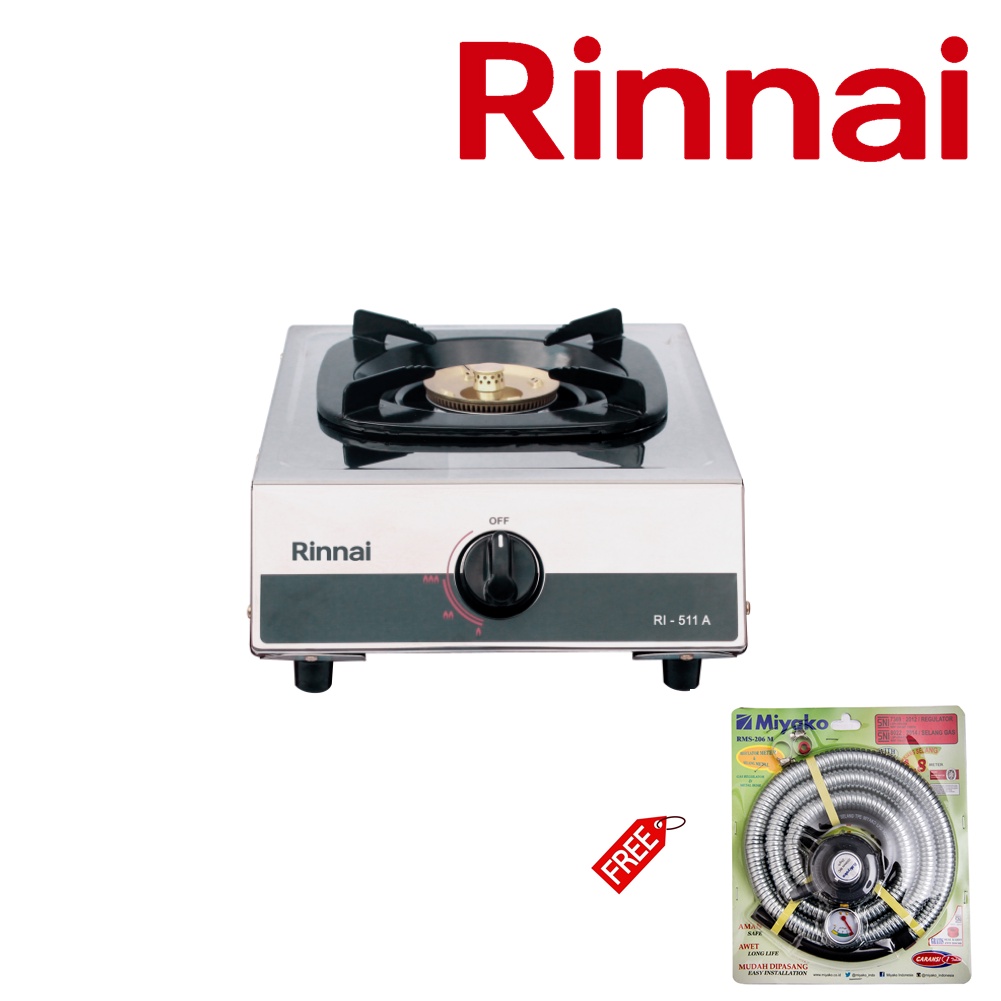 Rinnai RI-511A Kompor Gas 1 Tungku Stainless FREE Paket Miyako Selang Gas Meter