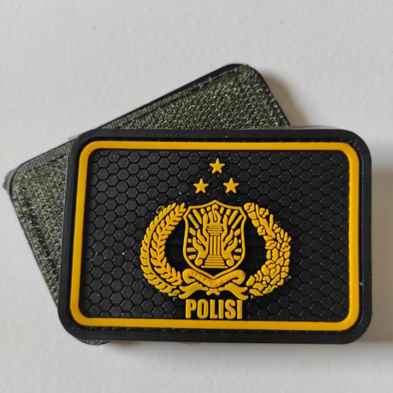 PATCH RUBBER LOGO POLISI/POLRI KOTAK LIS KUNING/TEMPELAN EMBLEM KARET VELCRO