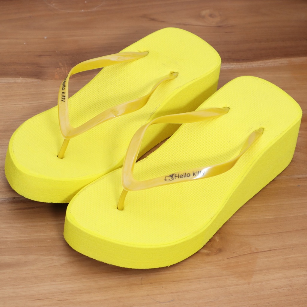 sandal wedges wanita spons warna kuning terang dengan jepit polos tidak mudah gembos terbaru terlaris