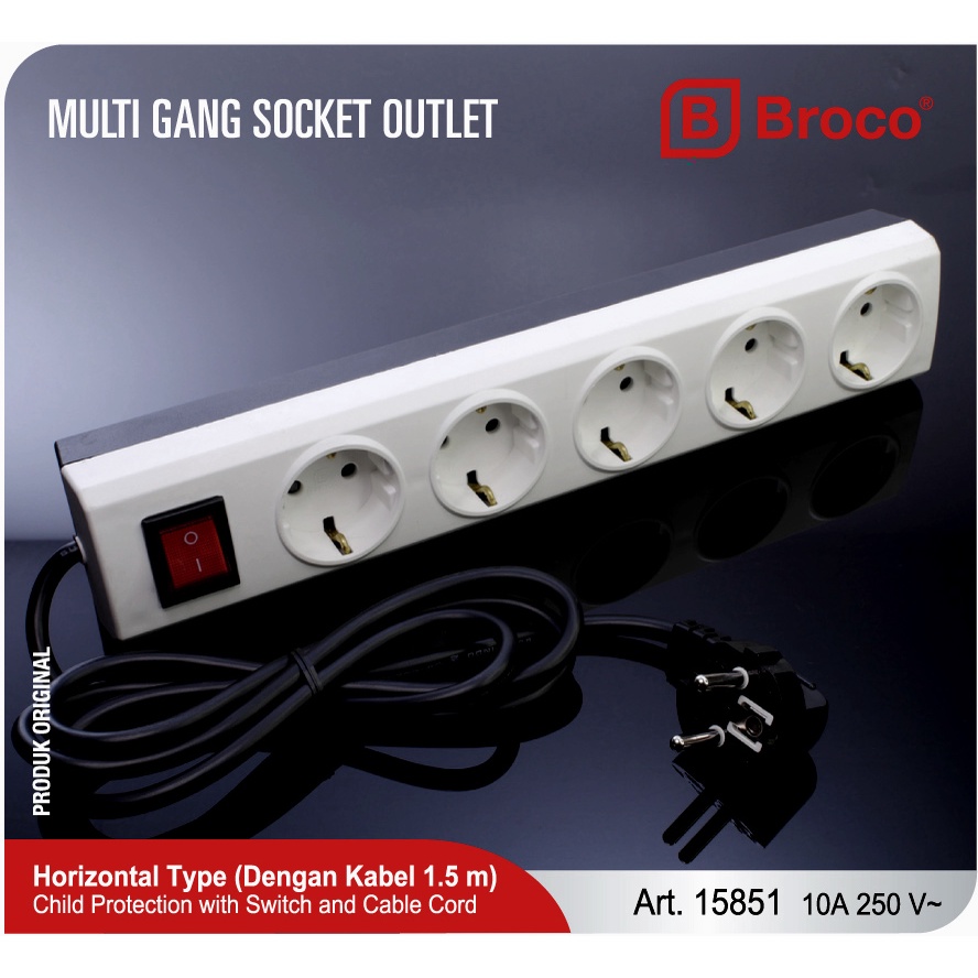 BROCO 15851 Stop Kontak 5 Lubang 10A Arde + Kabel 1.5 m + Switch + CP