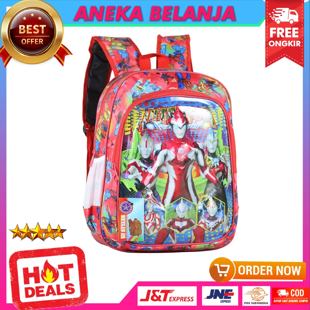 Tas Ransel Anak Lampu Karakter Ultraman Warna Merah Tas Sekolah Anak TK PAUD SD Motif Keren Kekinian