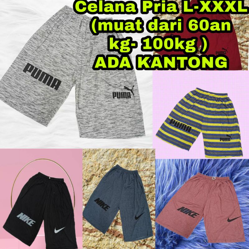 Celana Pendek Unisex (  Pria &amp; Wanita) di bawah Lutut, bahan kaos stretch size L-5XL ( Muat sampai 100kg) - Celana rumah Pria