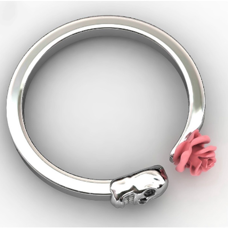 Cincin Bentuk Tengkorak Mawar Bahan Stainless Steel Gaya Punk Rock Vintage Untuk Wanita