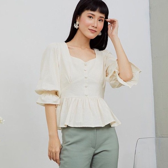 STYLE BUTIK Camellia Puff Sleeves Linen Vintage Blouse