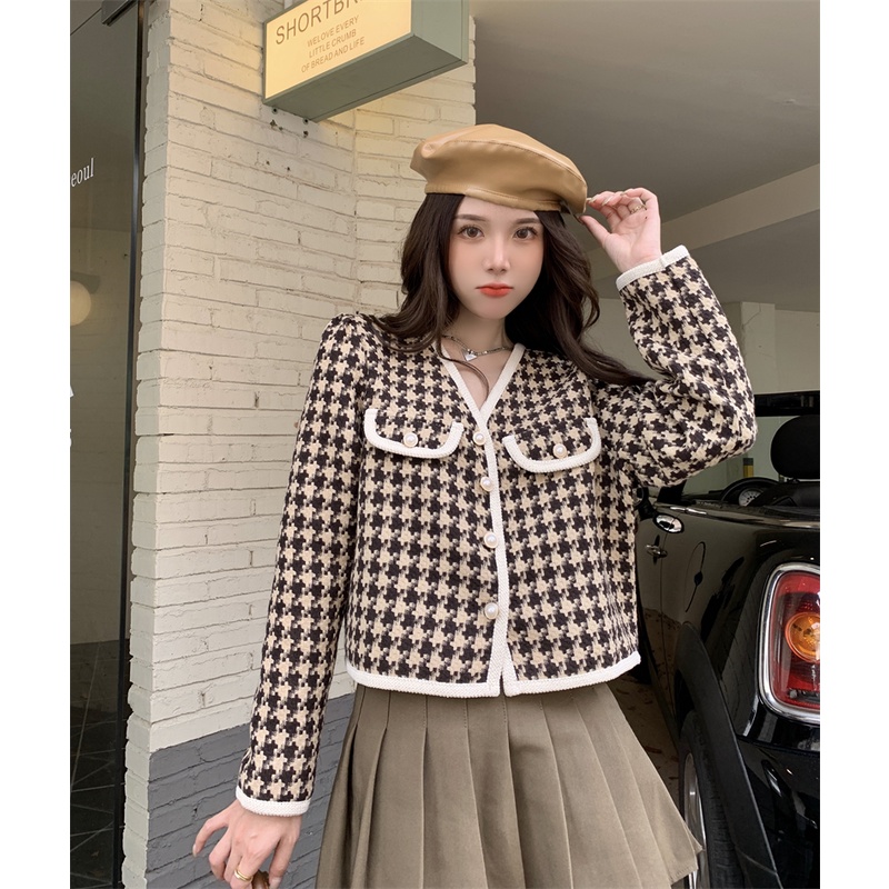 cardigan wanita korea style lengan panjang retro crop Kotak-kotak jaket loose blouse