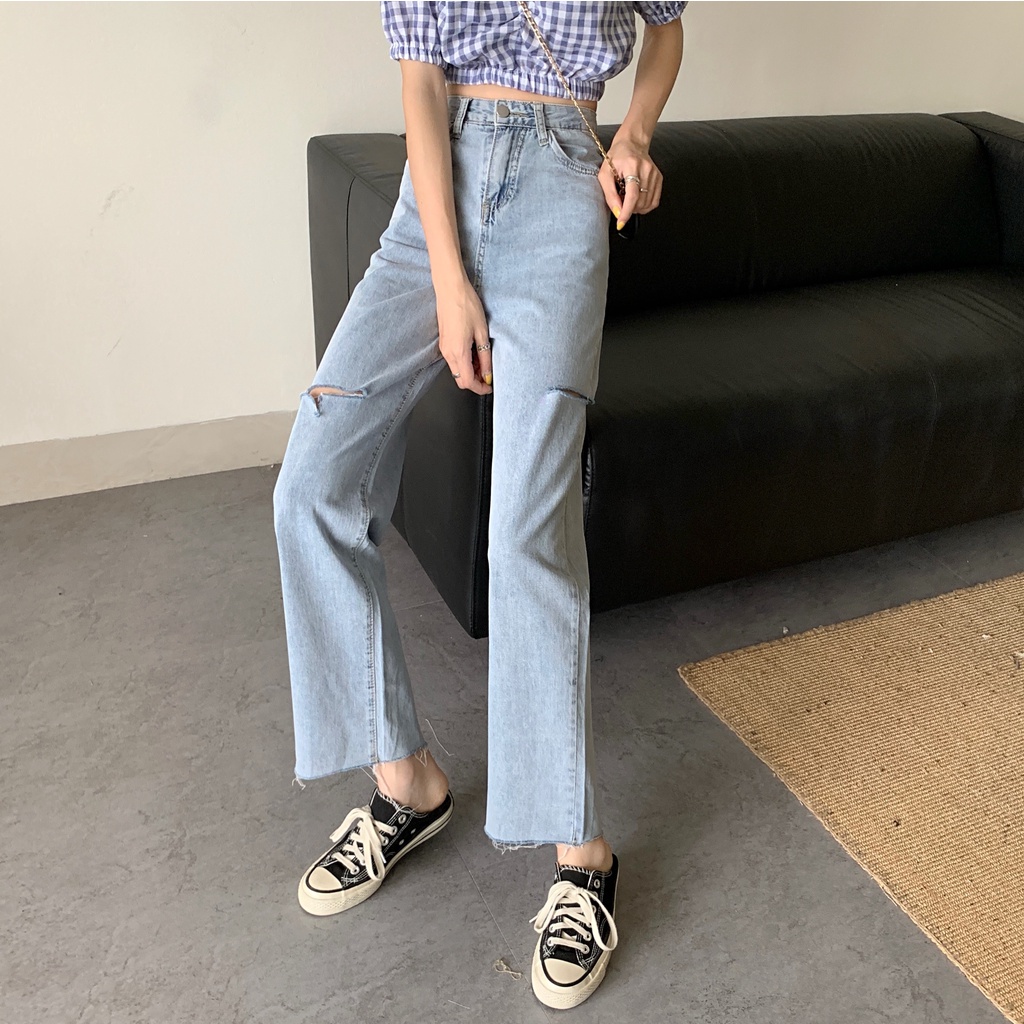 korean style new straight fit vintage kekinian boyfriend celana robek jeans panjang wanita