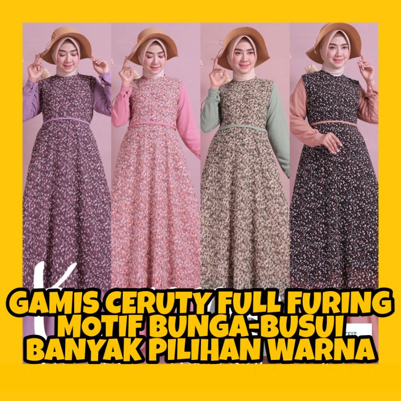 DRESS CERUTY BABYDOLL MOTIF BUNGA KECIL TERBARU LAPIS FURING GAMIS WANITA MUSLIM CERUTI BUSUI FRIEND