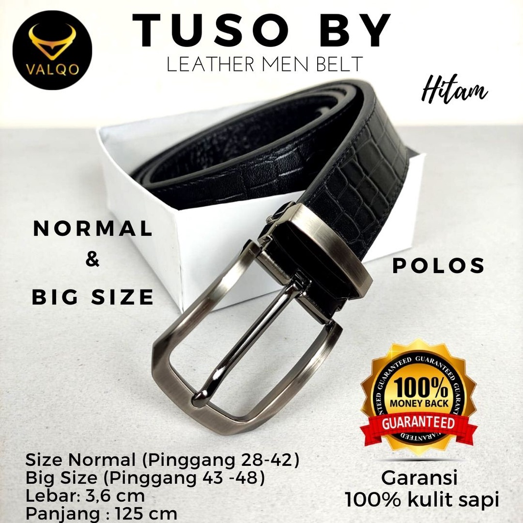 [VALQO] Ikat Pinggang TUSO BY Hitam Sabuk kulit sapi Motif Buaya Pria Tusuk Normal dan Big Size Lubang