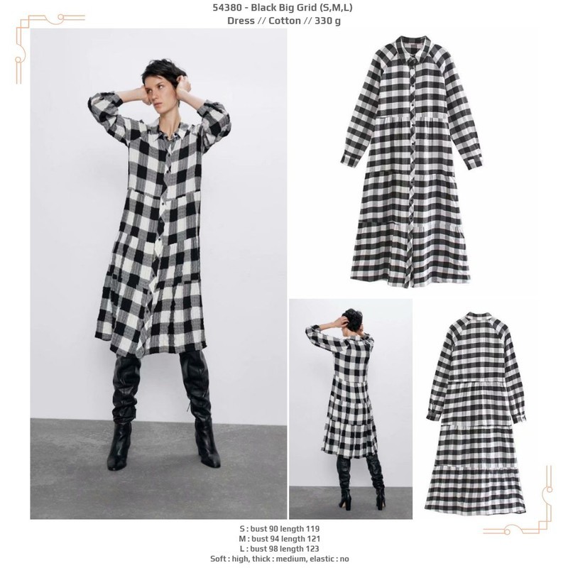 54380 Black Big Grid Dress / Dress Casual Panjang Kotak Hitam Putih