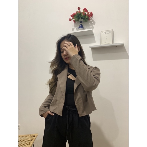 JOSHIN Bo-Mi blazer - kemeja jass crop linen - kemeja linen oversize