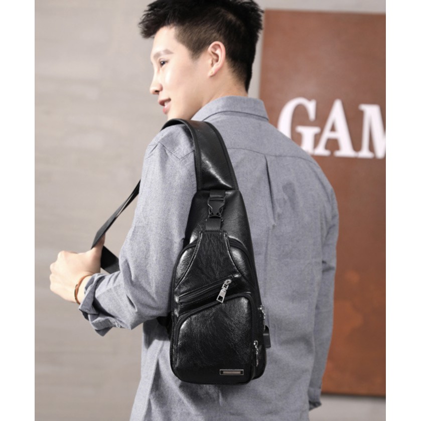 New 8092 Tas Selempang usb Pria Sling Bag KULIT USB Port