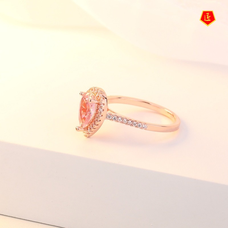 [Ready Stock]Women's Luxury Rose Gold Inlaid Pink Crystal Ring