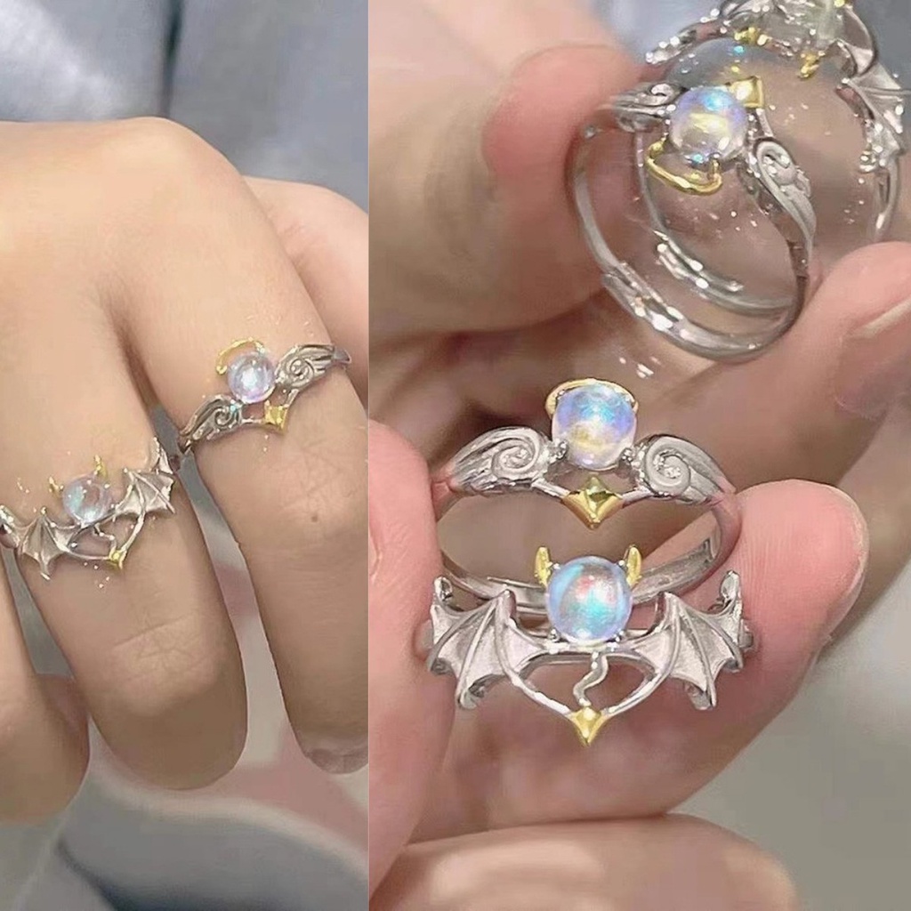 【COD Tangding】Cincin Model Terbuka Adjustable Desain Angel Devil Moonstone Untuk Wanita