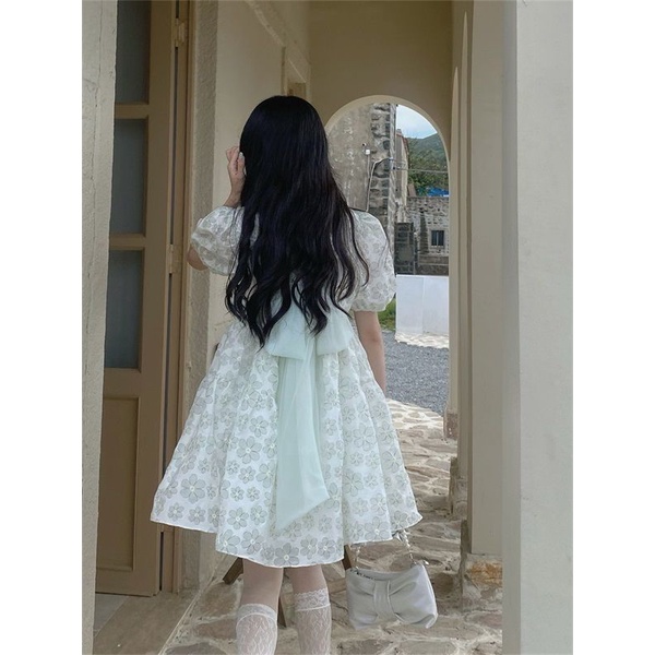 French square neck puff sleeve floral dress perempuan musim panas manis gadis strapped busur teh ist