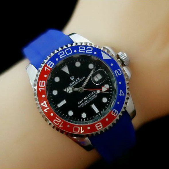Jam Tangan Pria Rolex GMT Master II Ring Merah Biru Tali Rubber Super Mewah - Rolex Gmt Tali Biru