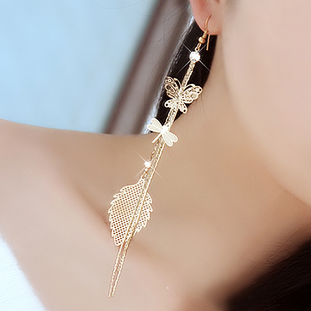 Hu Hu Hu Hu Hu Alat Bantu Pasang Kacamata♡ 1 Pasang Anting Rantai Rumbai Desain Butterfly Dragonfly Leaf Linear Aksen Berlian Imitasi Untuk Wanita