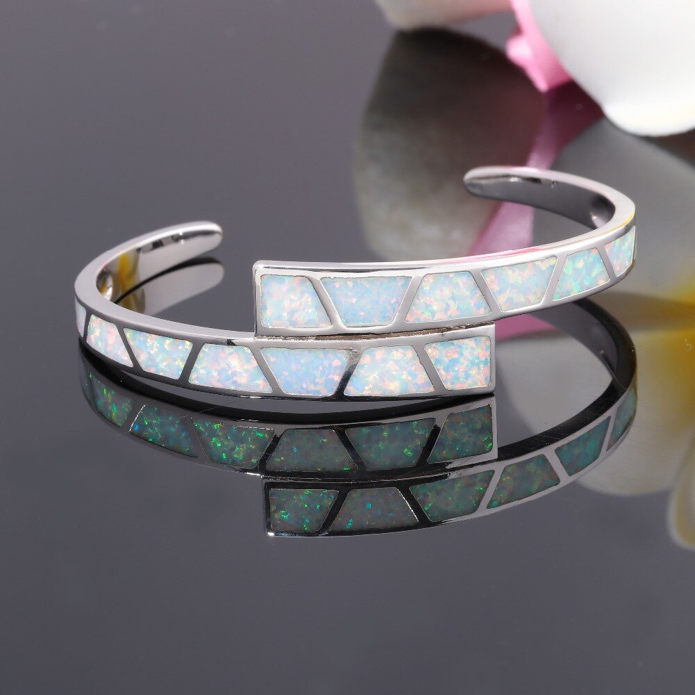 Blue &amp; White Fire Opal Stone Open Bangle 925 Silver Adjustable Double Multilayer Bracelet Summer Party Jewelry Female