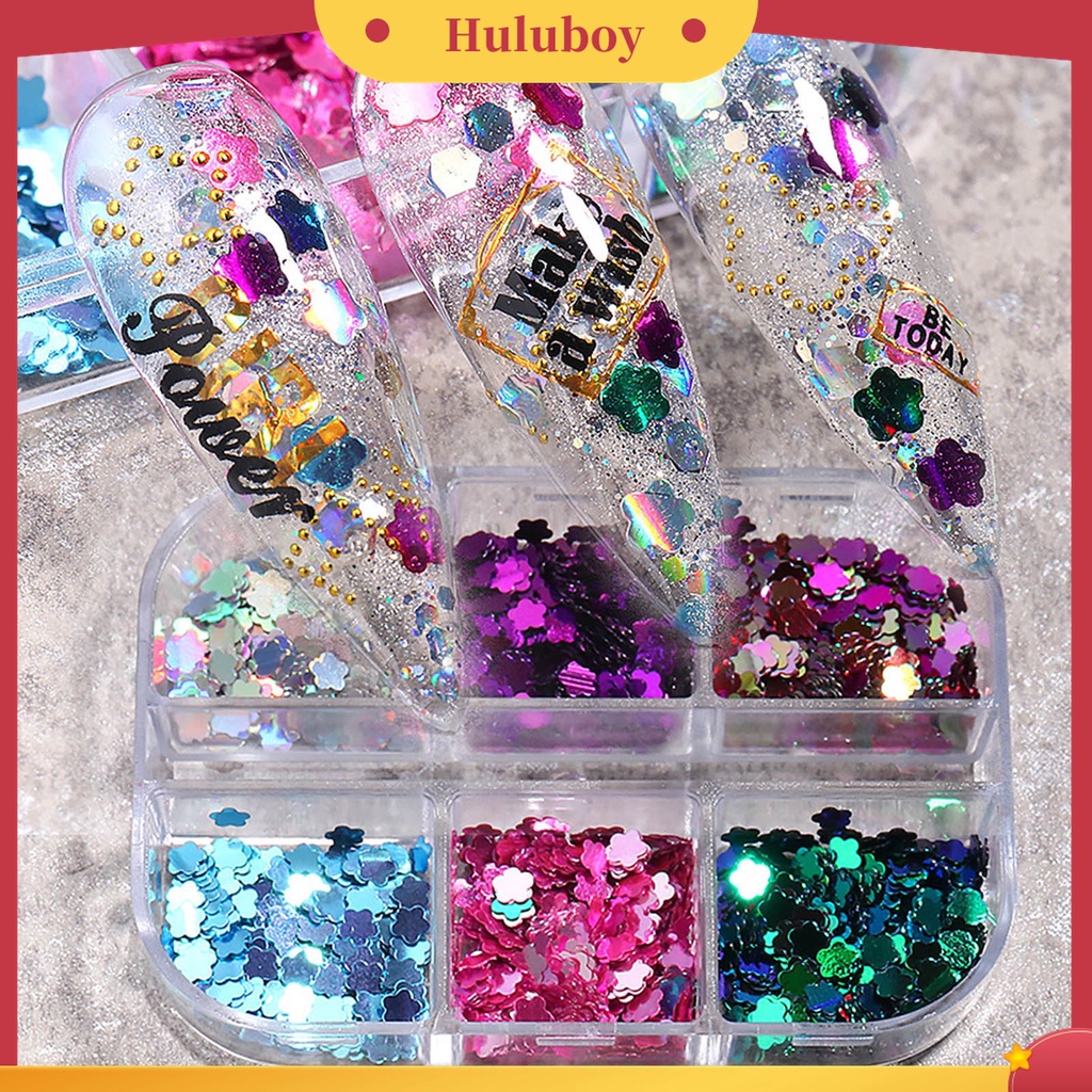 Huluboy Huluboy♡ 6 Grids / Box Serpihan Glitter Sequin Bentuk Bunga Ultra Tipis Untuk Dekorasi Manicure Charms