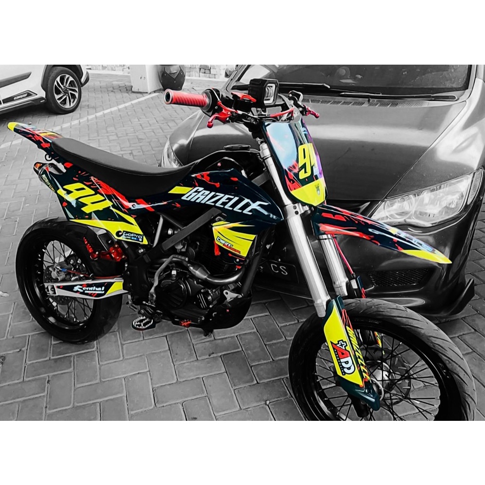 Dekal Sticker Decal Motor Kawasaki KLX BF Motif Grafis Abstrak Hitam Merah Stabilo