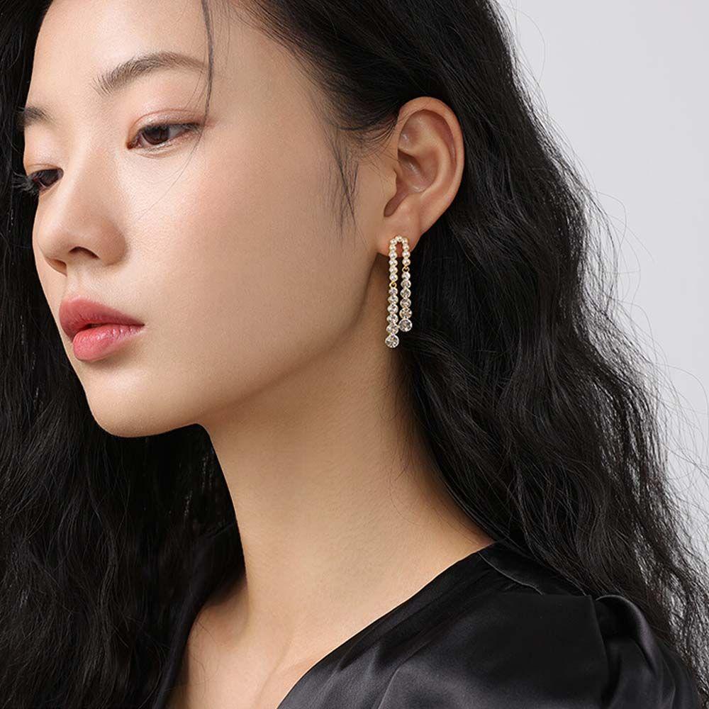 Mxbeauty Menjuntai Anting Trendi Elegan Mengkilap Mutiara Panjang Gadis Hadiah Geometris Zirkon Anting Korea