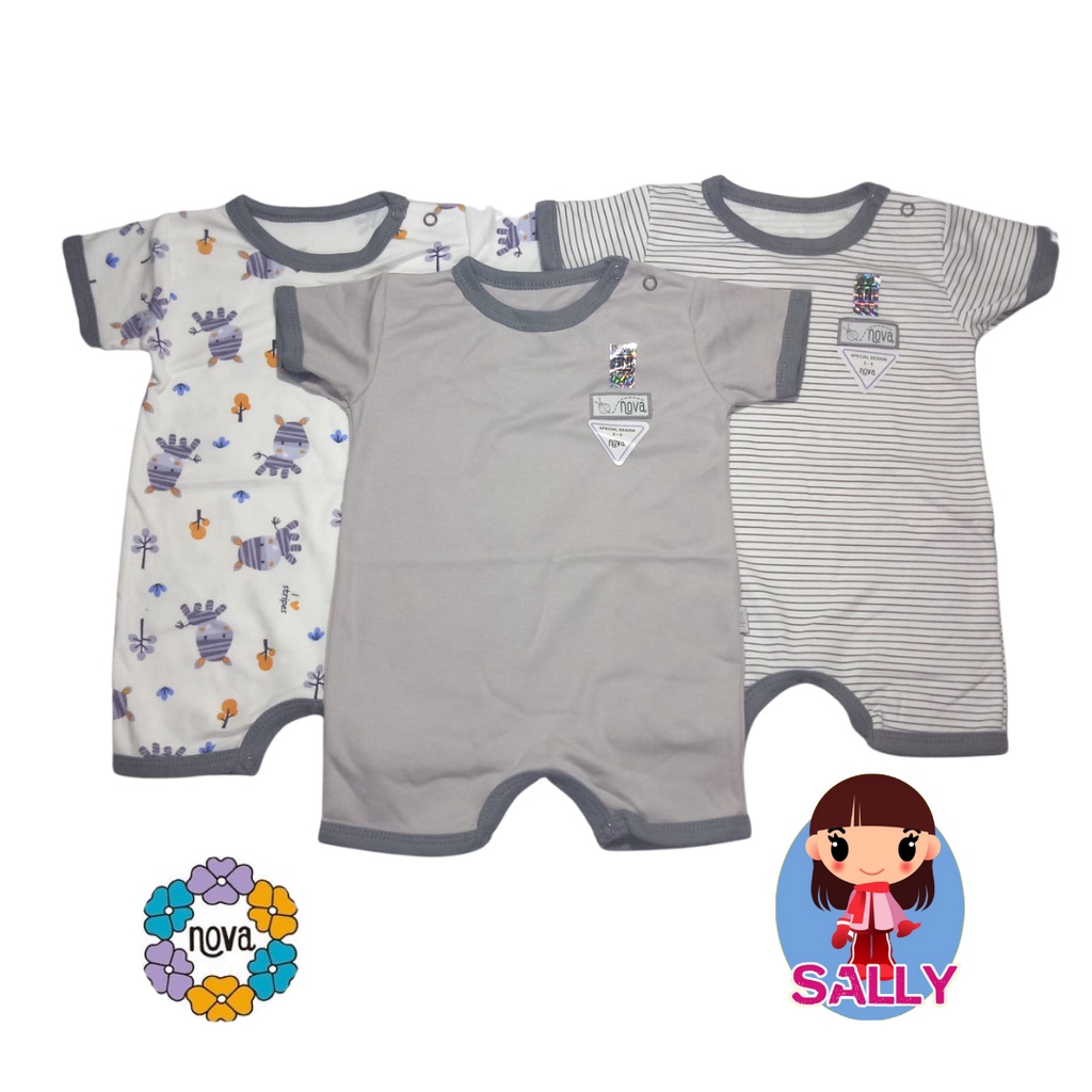 Nova - 3 Baju Bayi Jumper Pendek Romper Baby 3-6 Bulan Mix Motif Laki Perempuan Lucu Murah Brown / A