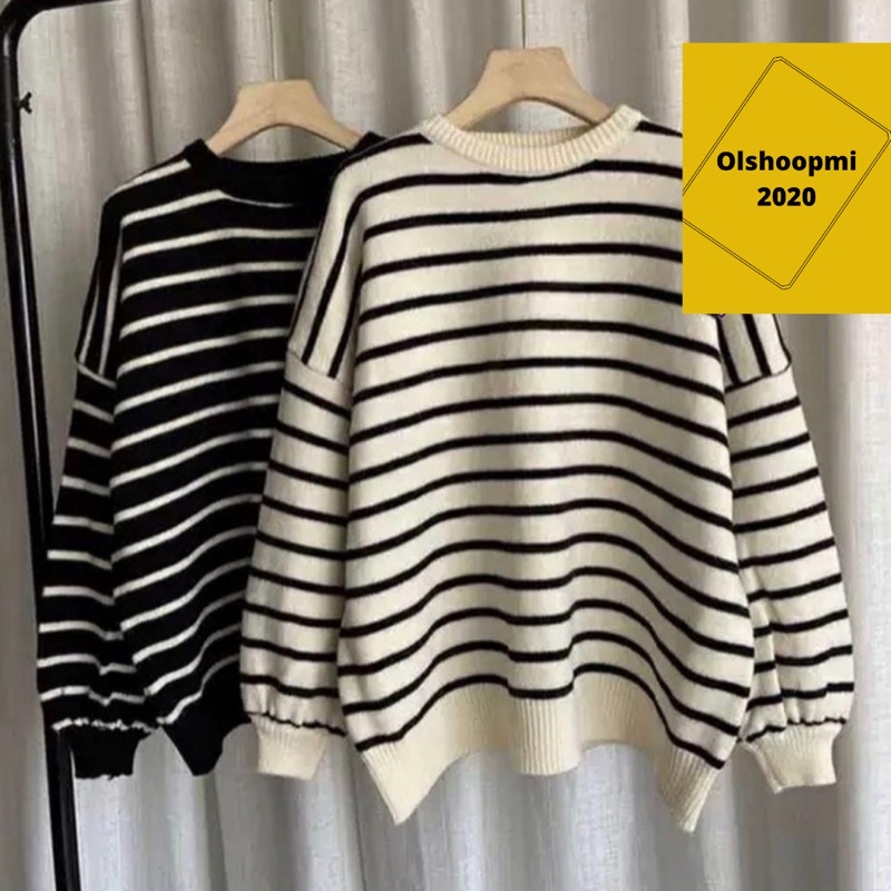 BAYONETA STRIP KNIT WANITA TERBARU ATASAN RAJUT TANGAN BALON