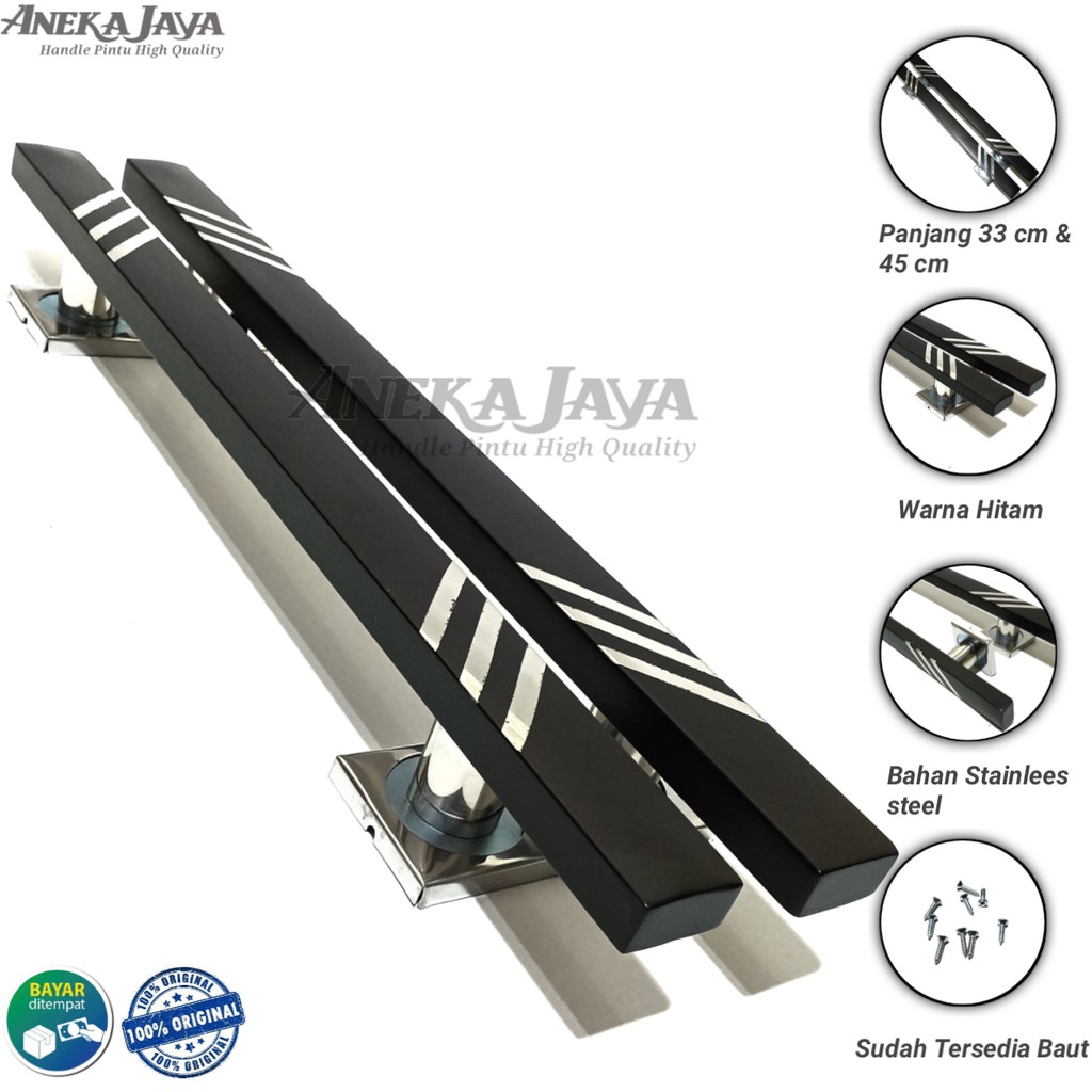 Satu set Handle kunci daun pintu 1 Panjang 33 cm &amp; 45 cm / Gagang Pintu / Tarikan Pintu warna hitam