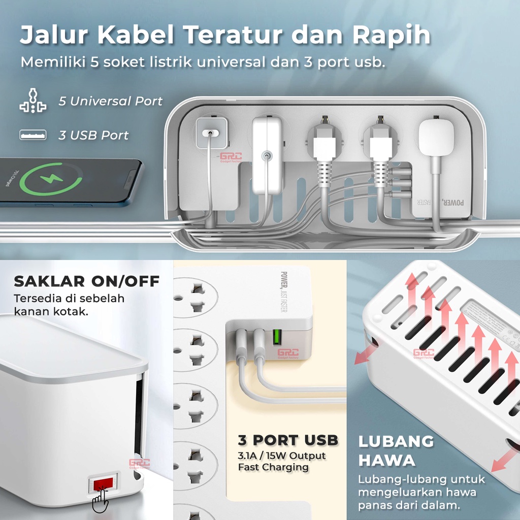 Stop Kontak Management Power Strip Box 5 Power Socket Port 3 USB