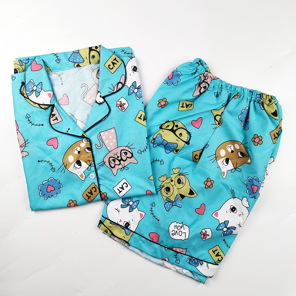Setelan Piyama Dewasa Celana Pendek Lengan Pendek Hotpant All Size-HPL CAT GLASS TOSCA