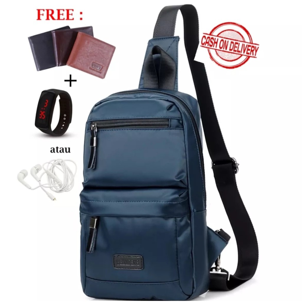 Tas Selempang Pria Murah Anti Air - MS Bag Hitam dan Navy bonus Dompet + Jam Tangan LED/Headset