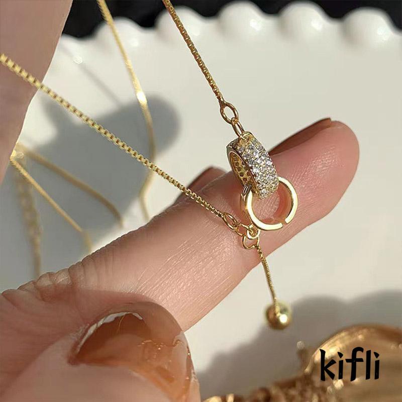 Kalung Rantai Dengan Liontin Cincin Ganda Aksen Berlian Imitasi Untuk Wanita (KD)