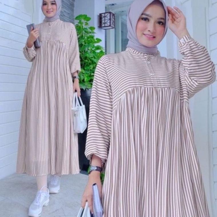 DRESS MIDI MOTIF DRESS POLOS KATUN BAJU GANTUNG SEMI DRESS GARIS-GARIS OUTFIT STRIP WANITA DRES KEKI